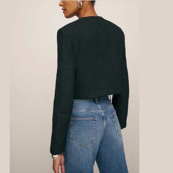 Reformation Trista Jacket - S Black Button Front Cropped Tweed - Picture 6 of 6